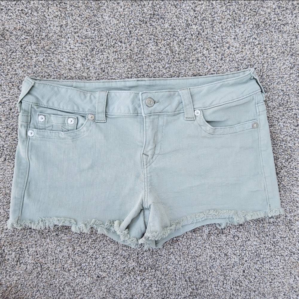 True Religion Keira Low Rise Denim Cutoff Stretch Mini Shorts Light Green Sz 32